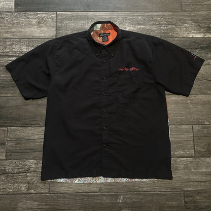 Y2K NO BOUNDARIES SURF BUTTON UP BLACK AOP SHORT SLEEVE SHIRT SZ L SKATE Yesterday's Fits Clothing Fashion Vintage Streetwear Fashion Item