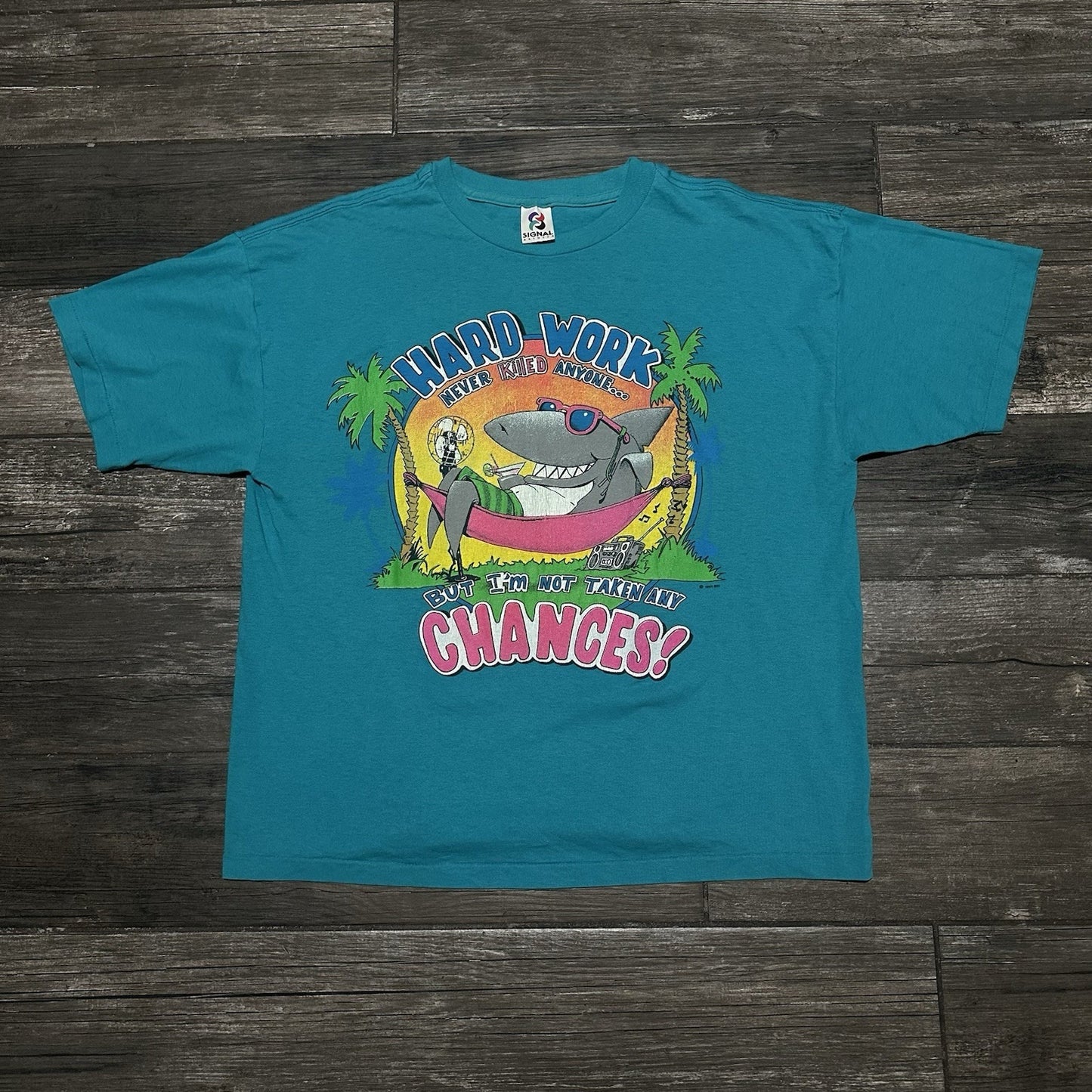 VTG 90s SIGNAL SHARK BEACH NOVELTY T-SHIRT BLUE TEAL DESTINATION TRAVEL SZ L Yesterday's Fits Clothing Fashion Vintage Streetwear Fashion Item