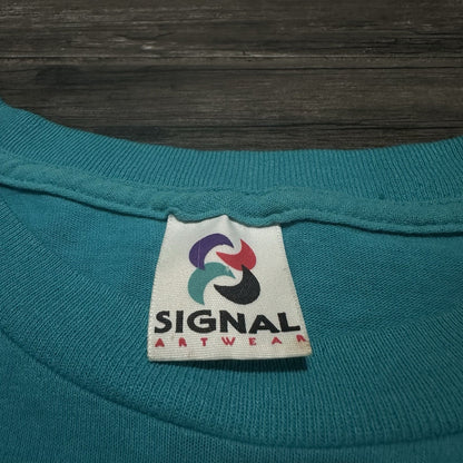 VTG 90s SIGNAL SHARK BEACH NOVELTY T-SHIRT BLUE TEAL DESTINATION TRAVEL SZ L Yesterday's Fits Clothing Fashion Vintage Streetwear Fashion Item