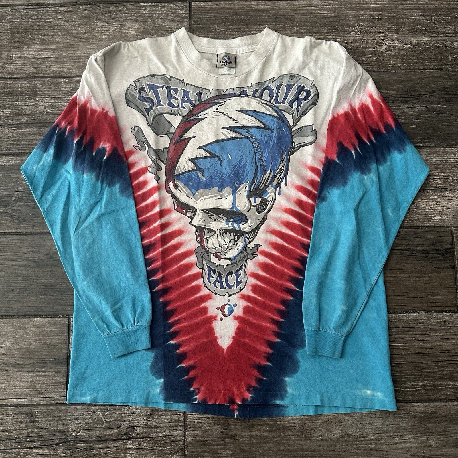 Y2K LIQUID BLUE GRATEFUL DEAD SKULL LONG SLEEVE TIE-DYE BLUE RED WHITE T-SHIRT L Yesterday's Fits Clothing Fashion Vintage Streetwear Fashion Item