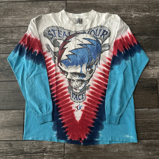 Y2K LIQUID BLUE GRATEFUL DEAD SKULL LONG SLEEVE TIE-DYE BLUE RED WHITE T-SHIRT L Yesterday's Fits Clothing Fashion Vintage Streetwear Fashion Item