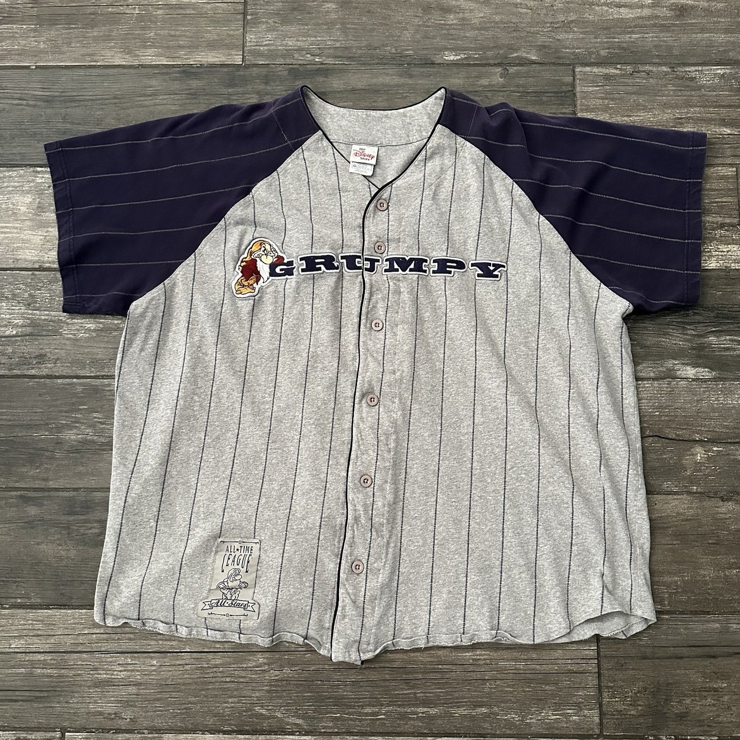Y2K VTG THE DISNEY STORE GRUMPY BASEBALL JERSEY GREY BLUE STRIPED BUTTON UP 2XL Yesterday's Fits Clothing Fashion Vintage Streetwear Fashion Item