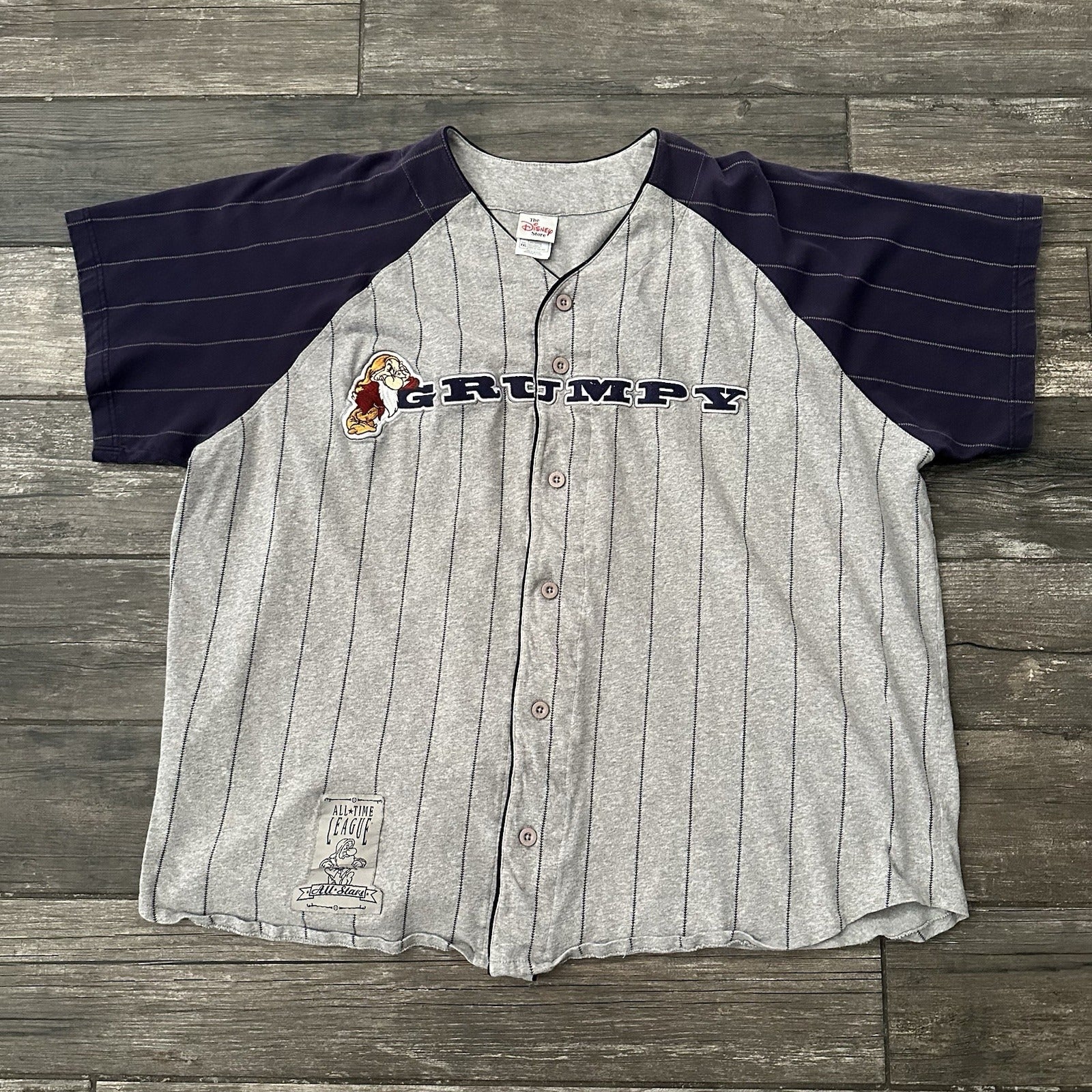 Y2K VTG THE DISNEY STORE GRUMPY BASEBALL JERSEY GREY BLUE STRIPED BUTTON UP 2XL Yesterday's Fits Clothing Fashion Vintage Streetwear Fashion Item