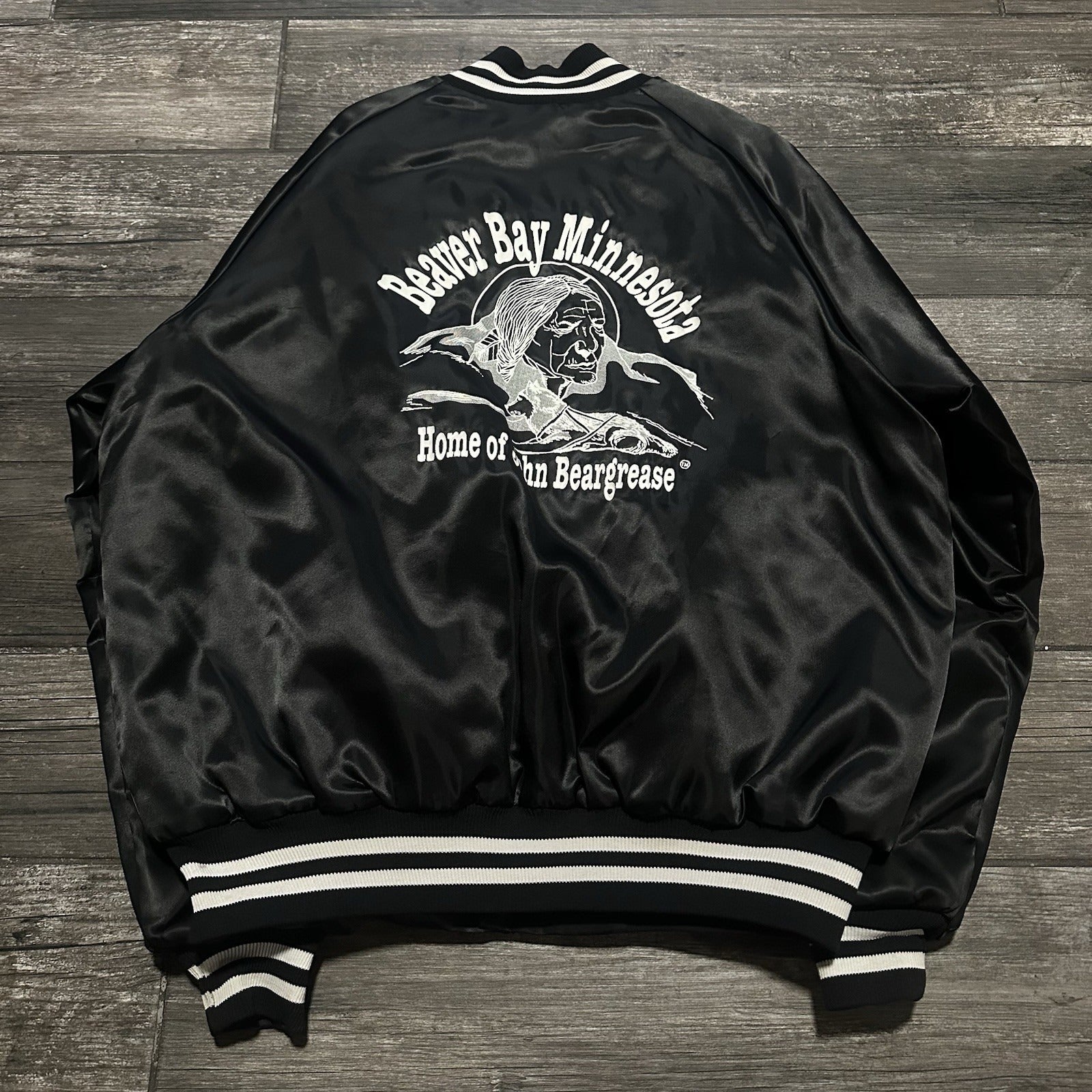 VTG 80s BEAVER BAY MINNESOTA JOHN BEARGREASE BLACK SATIN BOMBER JACKET XL NATURE Yesterday's Fits Clothing Fashion Vintage Streetwear Fashion Item