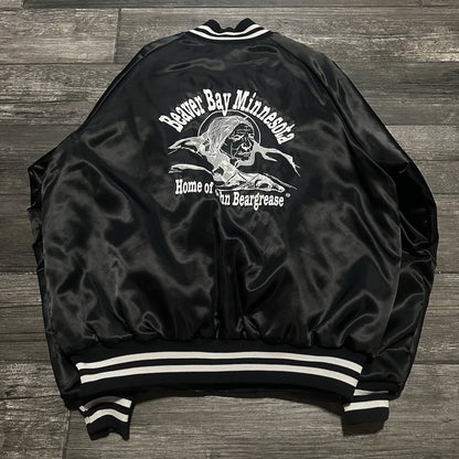 VTG 80s BEAVER BAY MINNESOTA JOHN BEARGREASE BLACK SATIN BOMBER JACKET XL NATURE Yesterday's Fits Clothing Fashion Vintage Streetwear Fashion Item