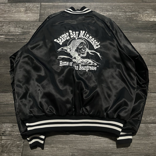VTG 80s BEAVER BAY MINNESOTA JOHN BEARGREASE BLACK SATIN BOMBER JACKET XL NATURE Yesterday's Fits Clothing Fashion Vintage Streetwear Fashion Item