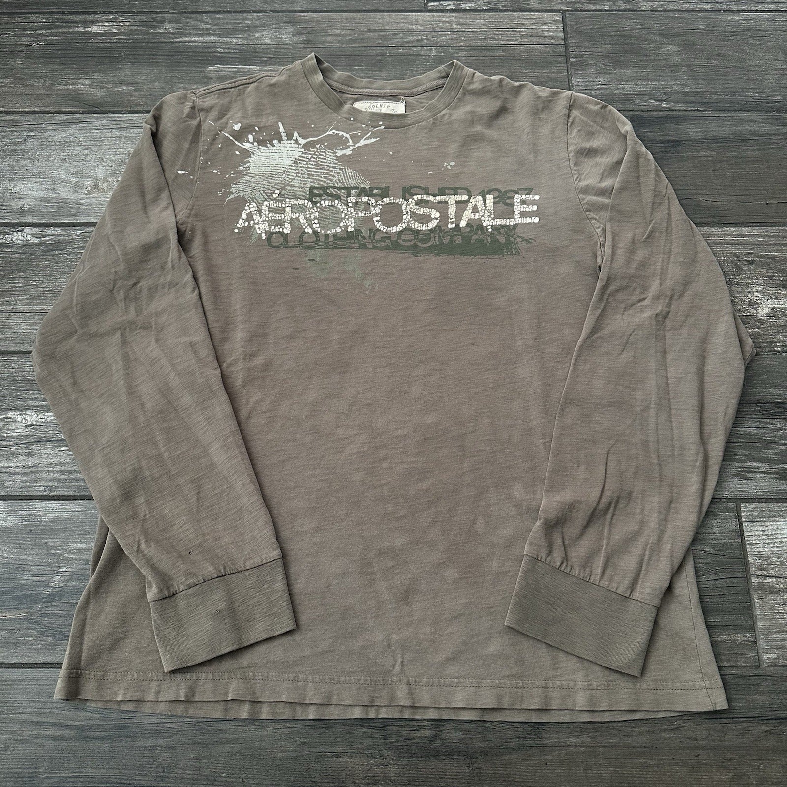 Y2K AEROPOSTALE KHAKI LONG SLEEVE SURF SKATE T-SHIRT SZ XL DISTRESSED SPELL OUT Yesterday's Fits Clothing Fashion Vintage Streetwear Fashion Item