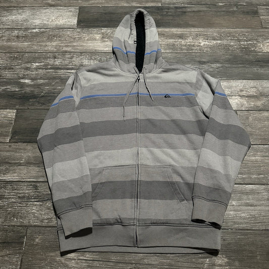 Y2K QUIKSILVER SHERPA LINED FULL ZIP SURF HOODIE SWEATSHIRT GREY STRIPED SZ XL Yesterday's Fits Clothing Fashion Vintage Streetwear Fashion Item