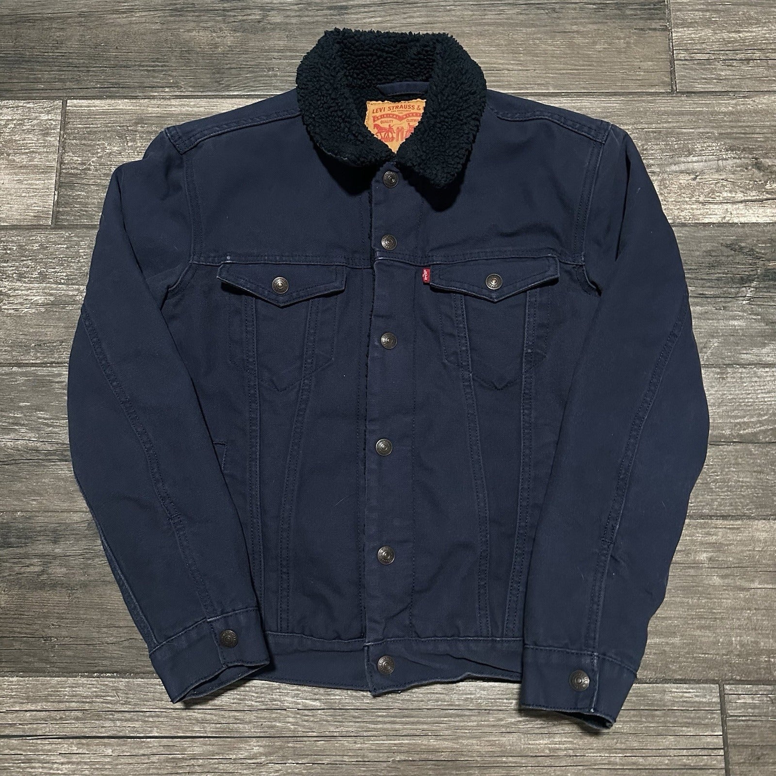 LEVIS STRAUSS NAVY BLUE SHERPA LINED TRUCKER JACKET SZ M COAT BUTTON UP Yesterday's Fits Clothing Fashion Vintage Streetwear Fashion Item
