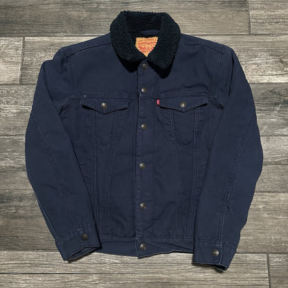 LEVIS STRAUSS NAVY BLUE SHERPA LINED TRUCKER JACKET SZ M COAT BUTTON UP Yesterday's Fits Clothing Fashion Vintage Streetwear Fashion Item