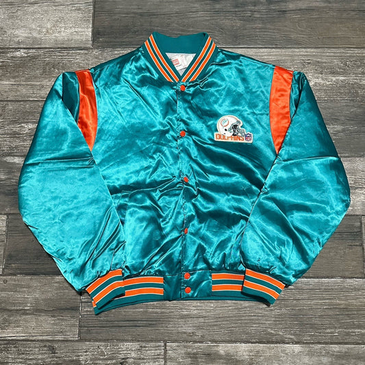 VTG 80s SWINGSTER MIAMI DOLPHINS BLUE ORANGE SATIN BOMBER JACKET XL FOOTBALL Yesterday's Fits Clothing Fashion Vintage Streetwear Fashion Item