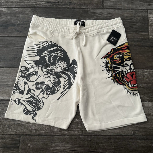NWT DON ED HARDY CREAM WHITE SWEAT SHORTS NEW SZ L IVORY SKULL TIGER POCKETS Ed Hardy Clothing Fashion Vintage Streetwear Fashion Item
