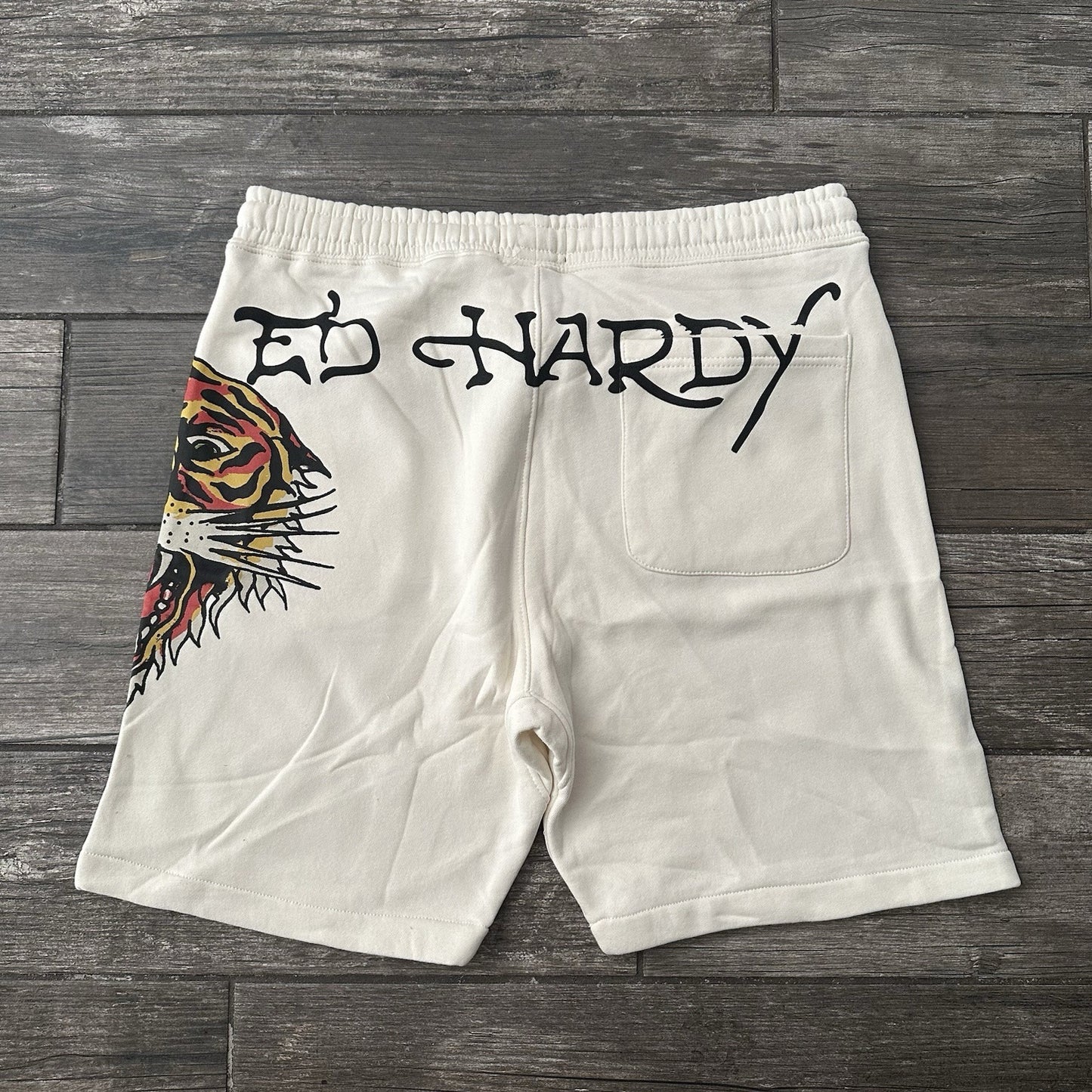 NWT DON ED HARDY CREAM WHITE SWEAT SHORTS NEW SZ L IVORY SKULL TIGER POCKETS Ed Hardy Clothing Fashion Vintage Streetwear Fashion Item
