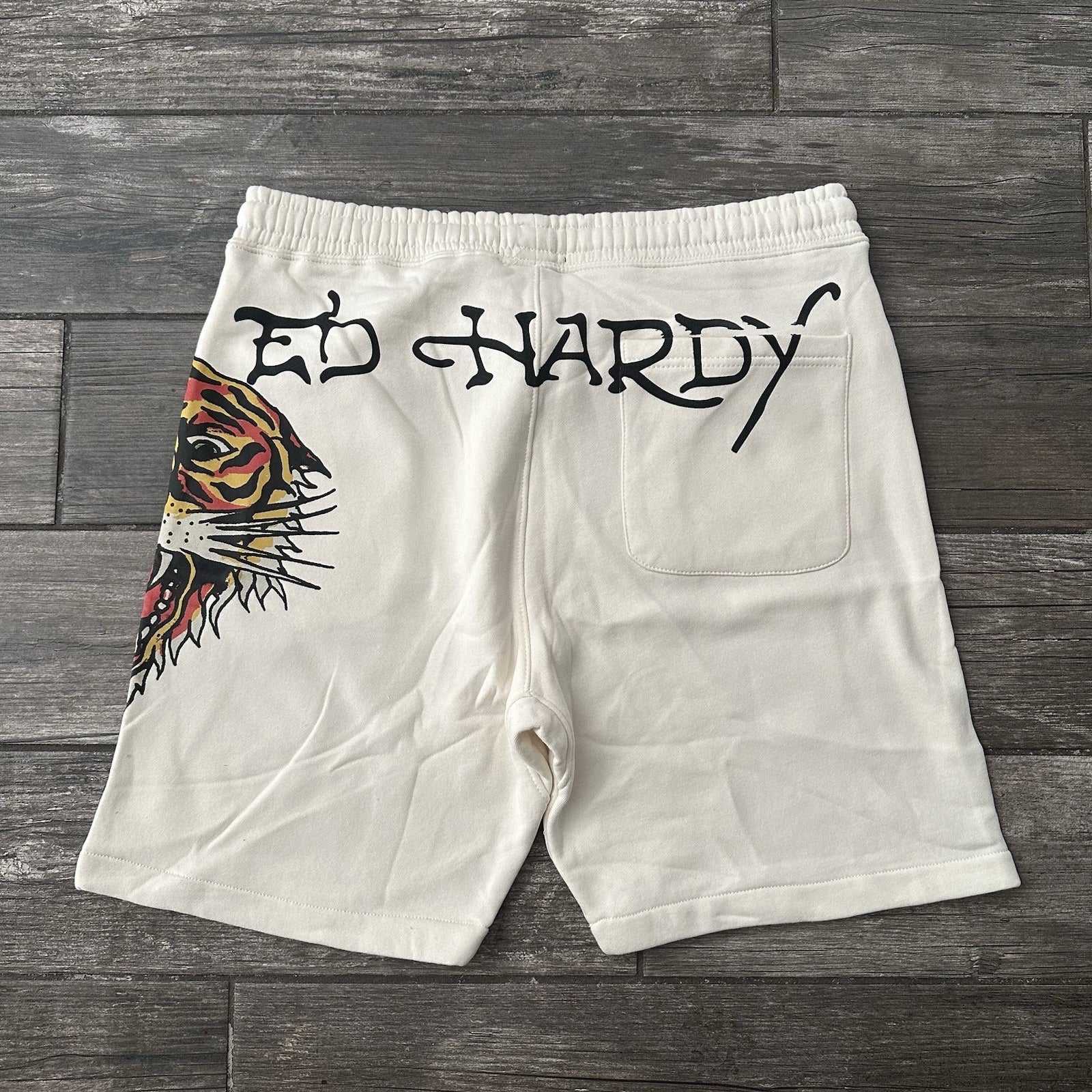 NWT DON ED HARDY CREAM WHITE SWEAT SHORTS NEW SZ L IVORY SKULL TIGER POCKETS Ed Hardy Clothing Fashion Vintage Streetwear Fashion Item