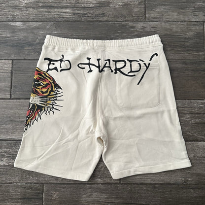 NWT DON ED HARDY CREAM WHITE SWEAT SHORTS NEW SZ L IVORY SKULL TIGER POCKETS Ed Hardy Clothing Fashion Vintage Streetwear Fashion Item