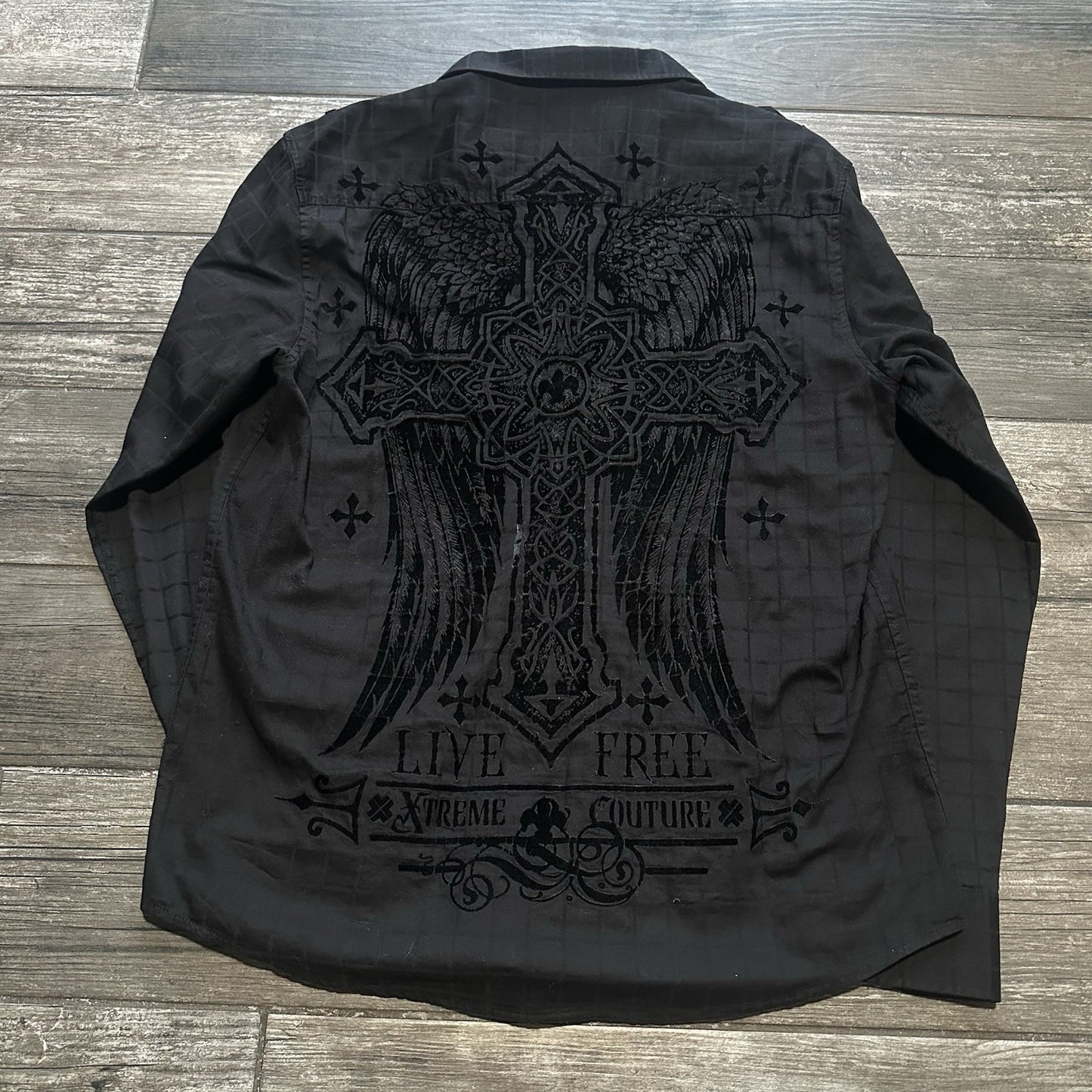Y2K XTREME COUTURE BLACK LONG SLEEVE BUTTON UP GRUNGE EMO EMBROIDERED SHIRT XL Yesterday's Fits Clothing Fashion Vintage Streetwear Fashion Item