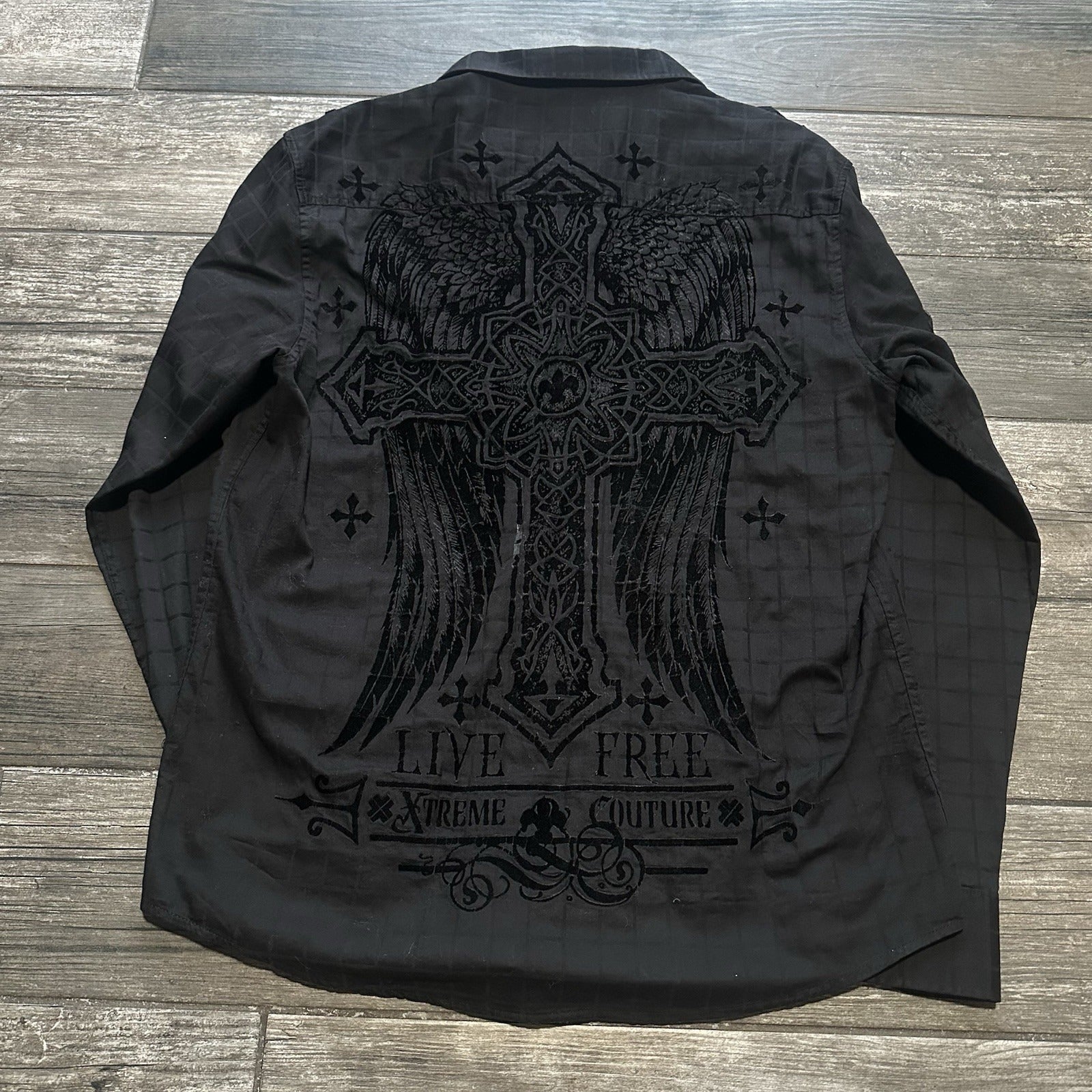 Y2K XTREME COUTURE BLACK LONG SLEEVE BUTTON UP GRUNGE EMO EMBROIDERED SHIRT XL Yesterday's Fits Clothing Fashion Vintage Streetwear Fashion Item