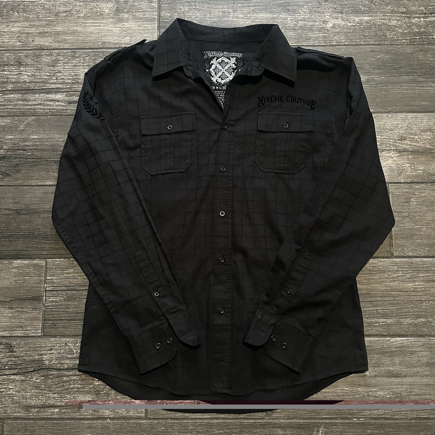 Y2K XTREME COUTURE BLACK LONG SLEEVE BUTTON UP GRUNGE EMO EMBROIDERED SHIRT XL Yesterday's Fits Clothing Fashion Vintage Streetwear Fashion Item