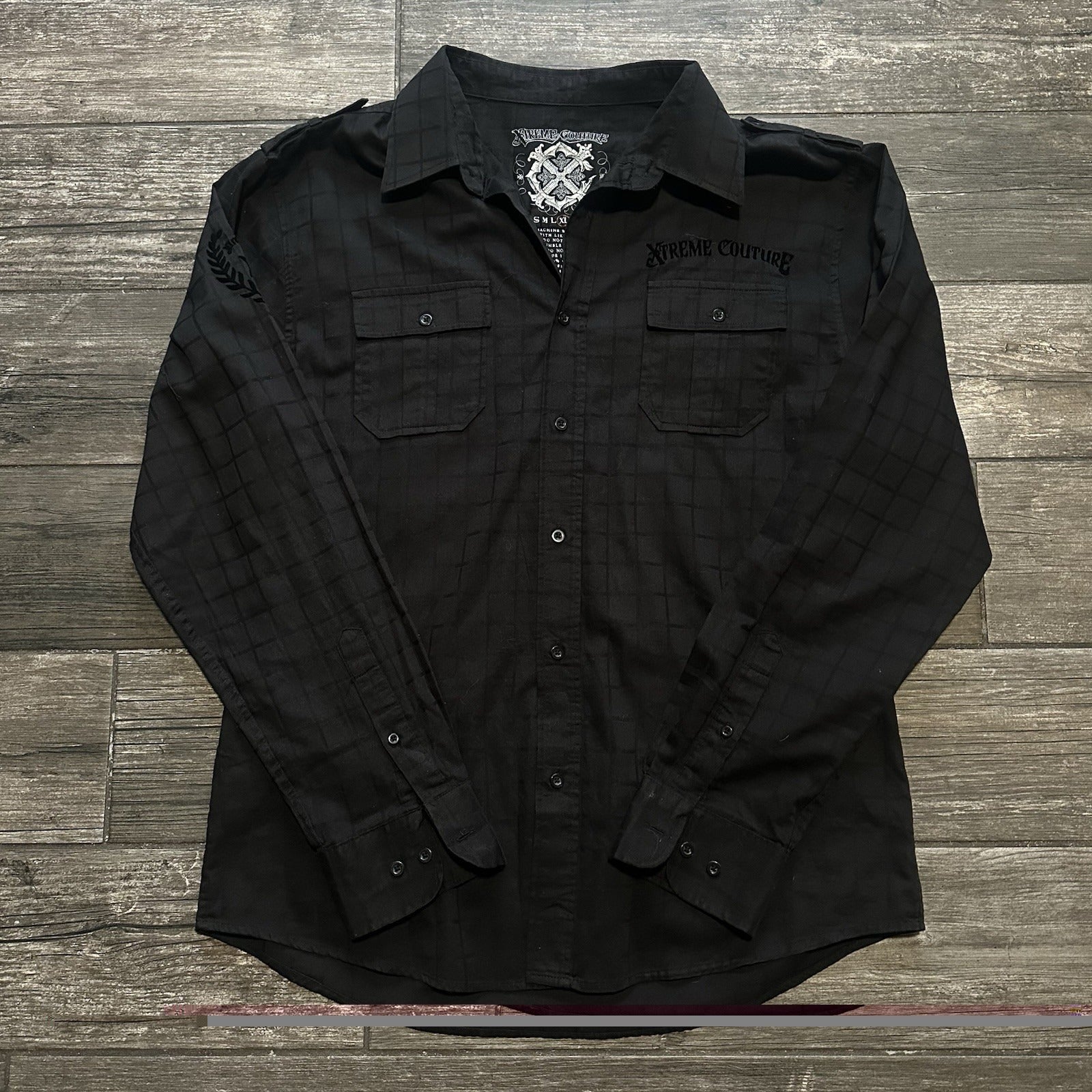 Y2K XTREME COUTURE BLACK LONG SLEEVE BUTTON UP GRUNGE EMO EMBROIDERED SHIRT XL Yesterday's Fits Clothing Fashion Vintage Streetwear Fashion Item