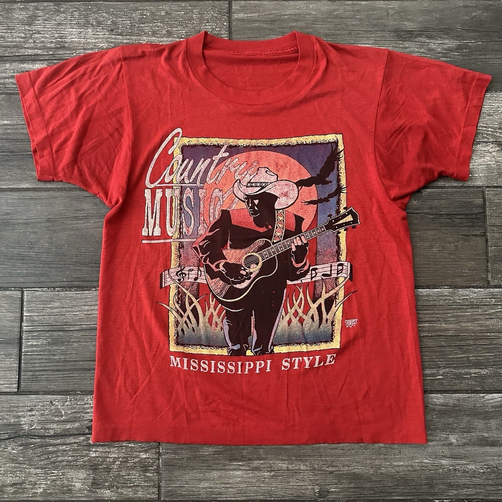 VTG 80s COUNTRY MUSIC MISSISSIPPI STYLE RED PAPER THIN T-SHIRT FITS SZ S COWBOY Yesterday's Fits Clothing Fashion Vintage Streetwear Fashion Item