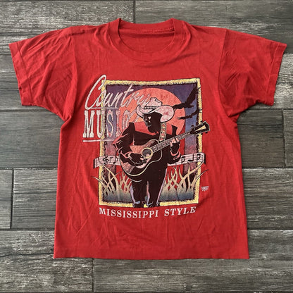 VTG 80s COUNTRY MUSIC MISSISSIPPI STYLE RED PAPER THIN T-SHIRT FITS SZ S COWBOY Yesterday's Fits Clothing Fashion Vintage Streetwear Fashion Item