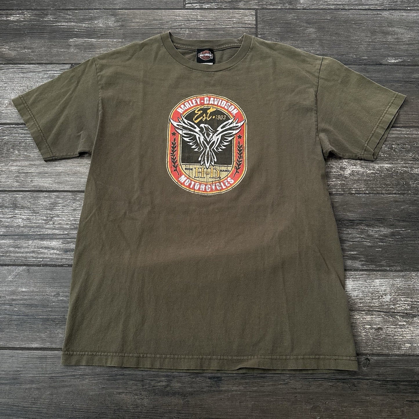 Y2K HARLEY-DAVIDSON MOTORCYCLES VICTORVILLE KHAKI T-SHIRT SZ L Yesterday's Fits Clothing Fashion Vintage Streetwear Fashion Item