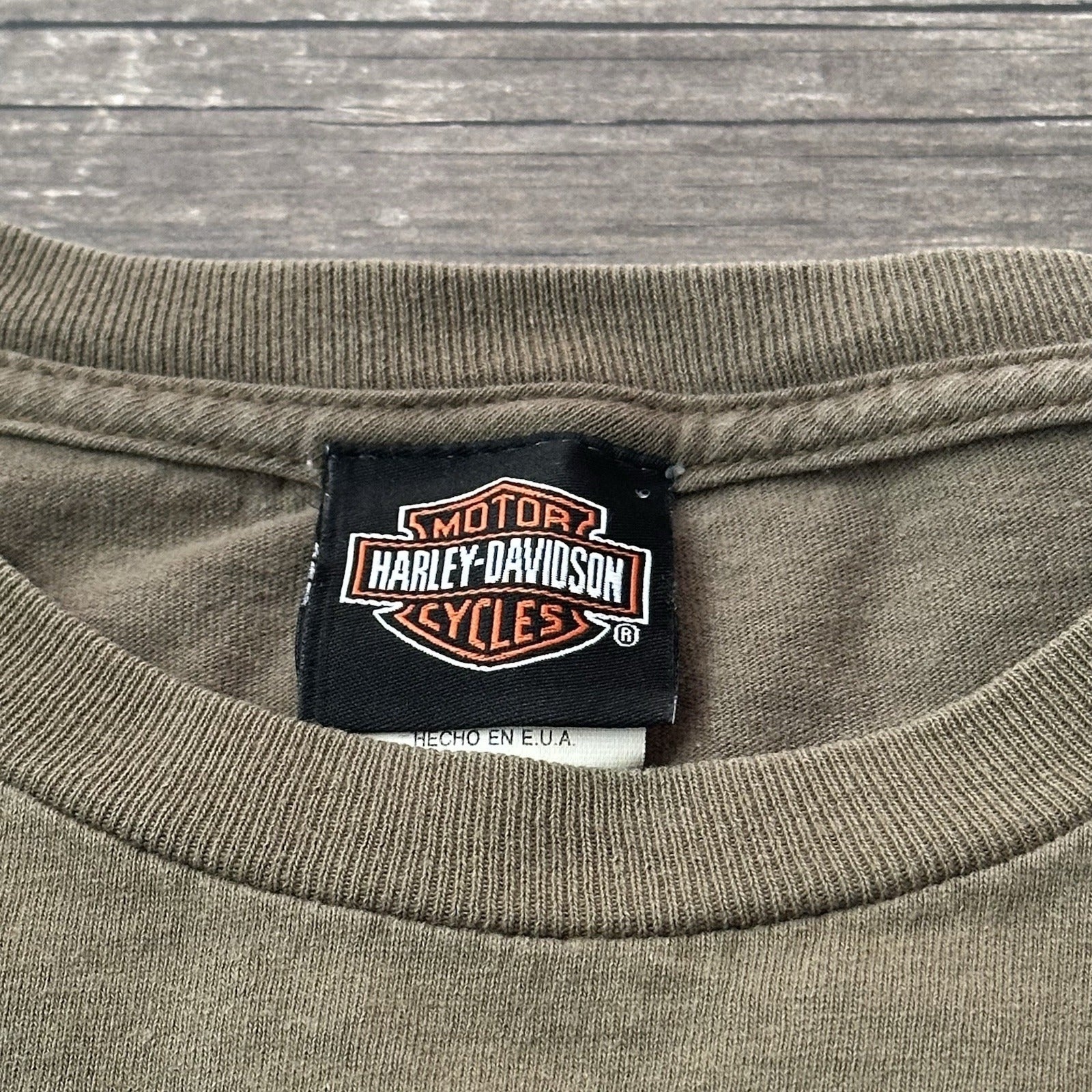 Y2K HARLEY-DAVIDSON MOTORCYCLES VICTORVILLE KHAKI T-SHIRT SZ L Yesterday's Fits Clothing Fashion Vintage Streetwear Fashion Item