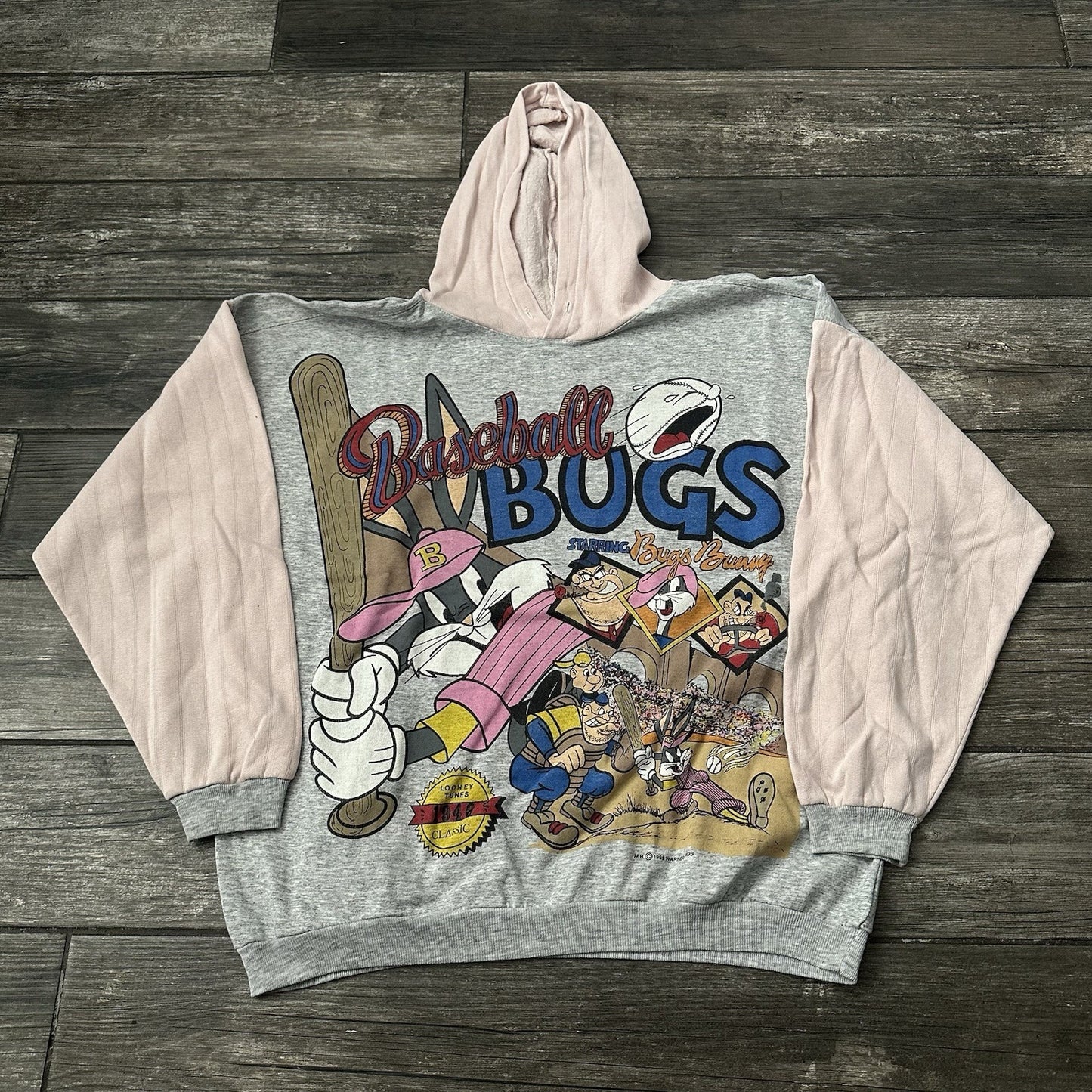 VTG 1996 WARNER BROS LOONEY TUNES BASEBALL PINK GRAY CARTOON HOODIE FITS SZ L Looney Tunes Clothing Fashion Vintage Streetwear Fashion Item