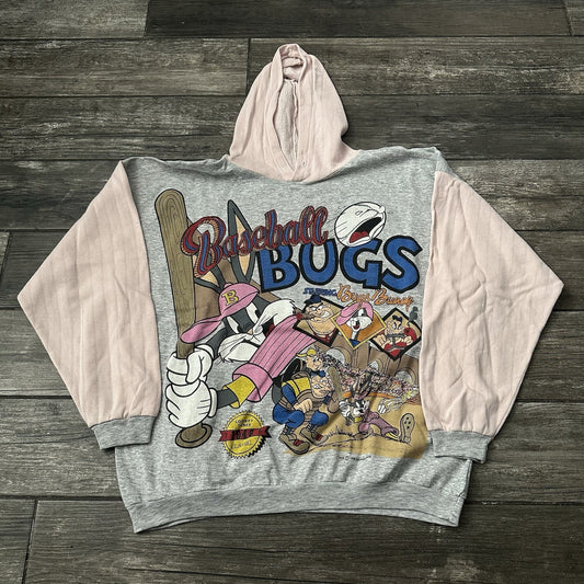 VTG 1996 WARNER BROS LOONEY TUNES BASEBALL PINK GRAY CARTOON HOODIE FITS SZ L Looney Tunes Clothing Fashion Vintage Streetwear Fashion Item