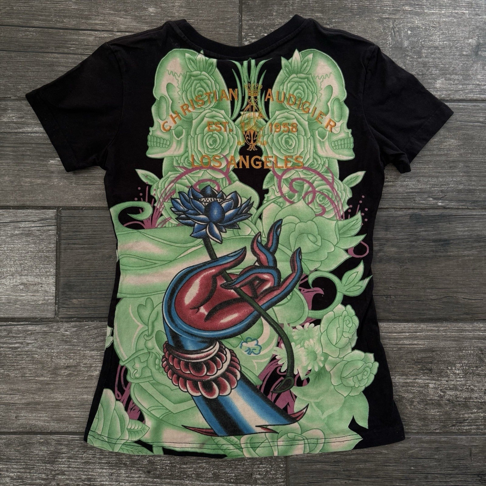 Y2K CHRISTIAN AUDIGIER TATTOO ALL OVER PRINT RHINESTONE BLACK T-SHIRT TEE SZ L Yesterday's Fits Clothing Fashion Vintage Streetwear Fashion Item