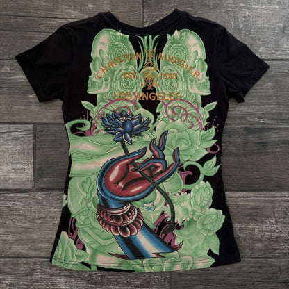 Y2K CHRISTIAN AUDIGIER TATTOO ALL OVER PRINT RHINESTONE BLACK T-SHIRT TEE SZ L Yesterday's Fits Clothing Fashion Vintage Streetwear Fashion Item