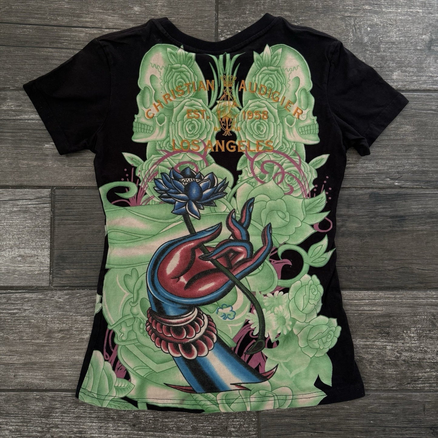 Y2K CHRISTIAN AUDIGIER TATTOO ALL OVER PRINT RHINESTONE BLACK T-SHIRT TEE SZ L Yesterday's Fits Clothing Fashion Vintage Streetwear Fashion Item