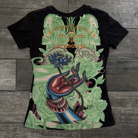 Y2K CHRISTIAN AUDIGIER TATTOO ALL OVER PRINT RHINESTONE BLACK T-SHIRT TEE SZ L Yesterday's Fits Clothing Fashion Vintage Streetwear Fashion Item