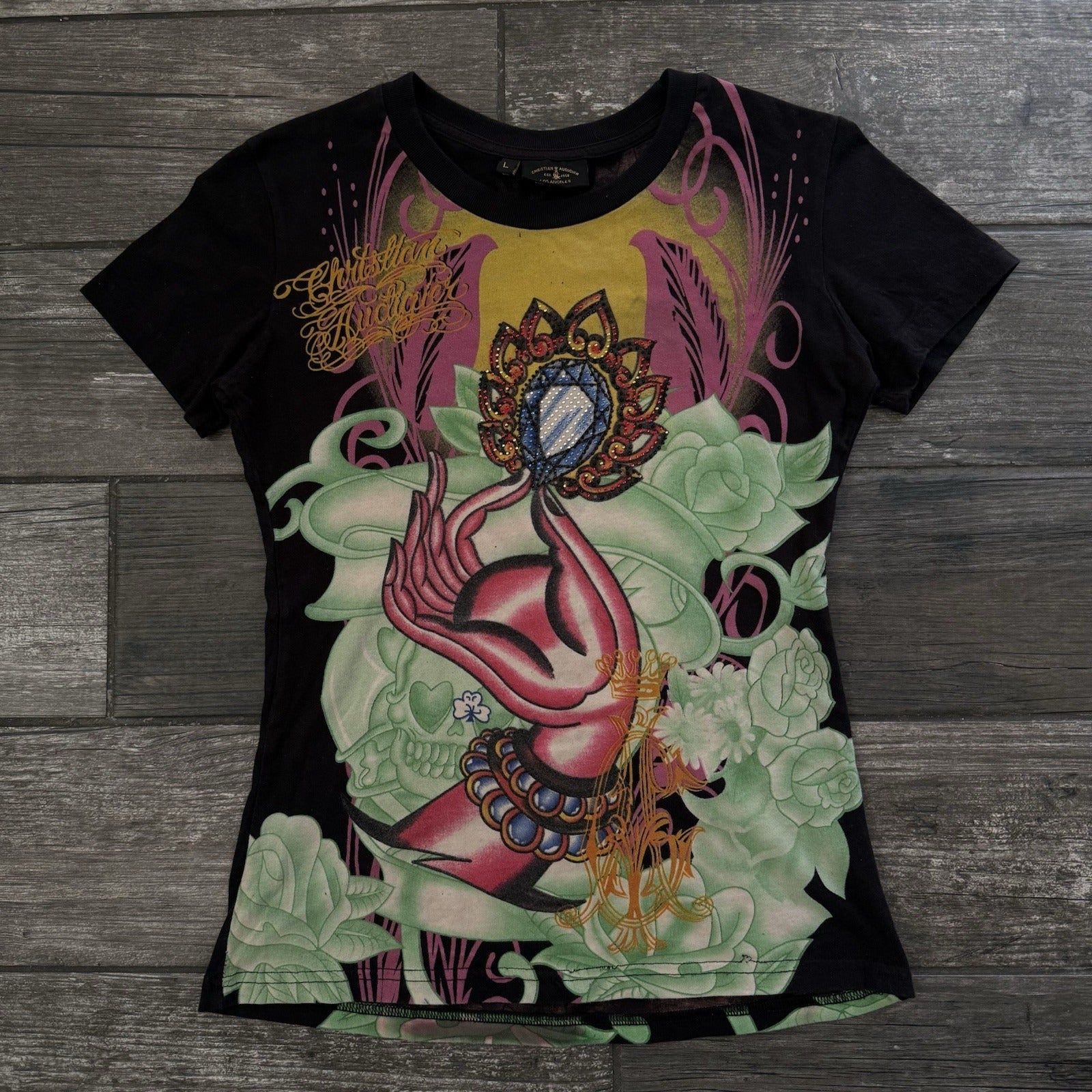 Y2K CHRISTIAN AUDIGIER TATTOO ALL OVER PRINT RHINESTONE BLACK T-SHIRT TEE SZ L Yesterday's Fits Clothing Fashion Vintage Streetwear Fashion Item