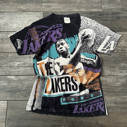 VTG 90s MAGIC JOHNSON TEES THE LAKERS AOP ALL OVER PRINT NBA BASKETBALL SHIRT L Yesterday's Fits Clothing Fashion Vintage Streetwear Fashion Item