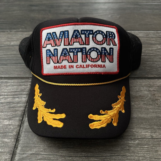 AVIATOR NATION PATRIOTIC VINTAGE TRUCKER BLACK SNAPBACK PATCH HAT GOLD CORD USA Yesterday's Fits Clothing Fashion Vintage Streetwear Fashion Item