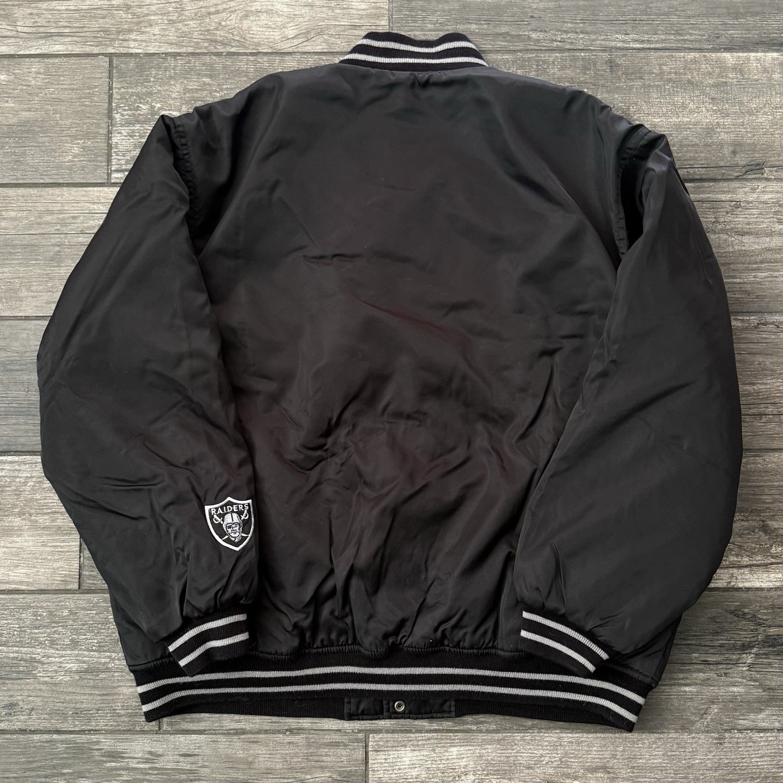 VTG LOS ANGELES RAIDERS BLACK SATIN FOOTBALL NFL GAME DAY JACKET SZ L TURBO ZONE Yesterday's Fits Clothing Fashion Vintage Streetwear Fashion Item