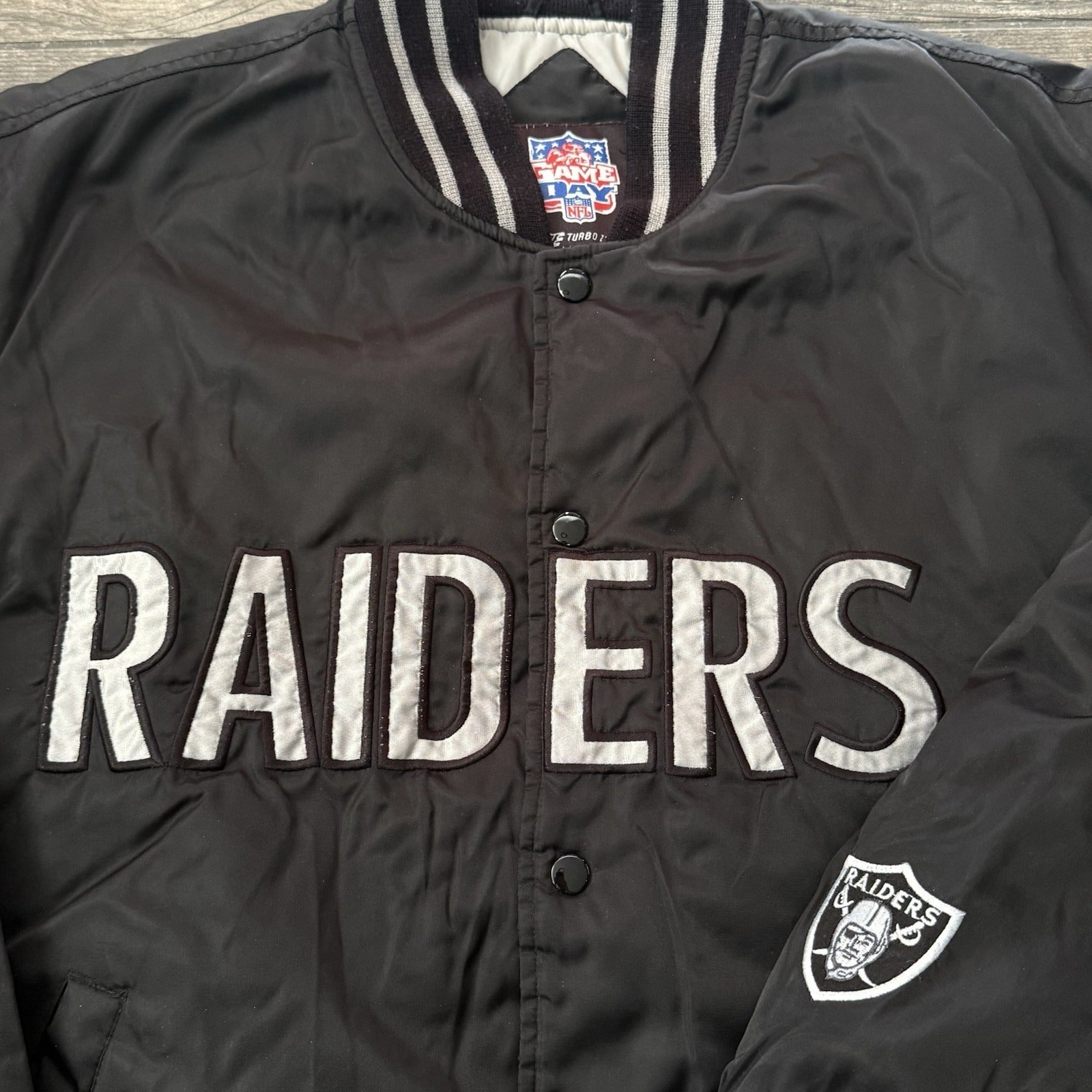 VTG LOS ANGELES RAIDERS BLACK SATIN FOOTBALL NFL GAME DAY JACKET SZ L TURBO ZONE Yesterday's Fits Clothing Fashion Vintage Streetwear Fashion Item