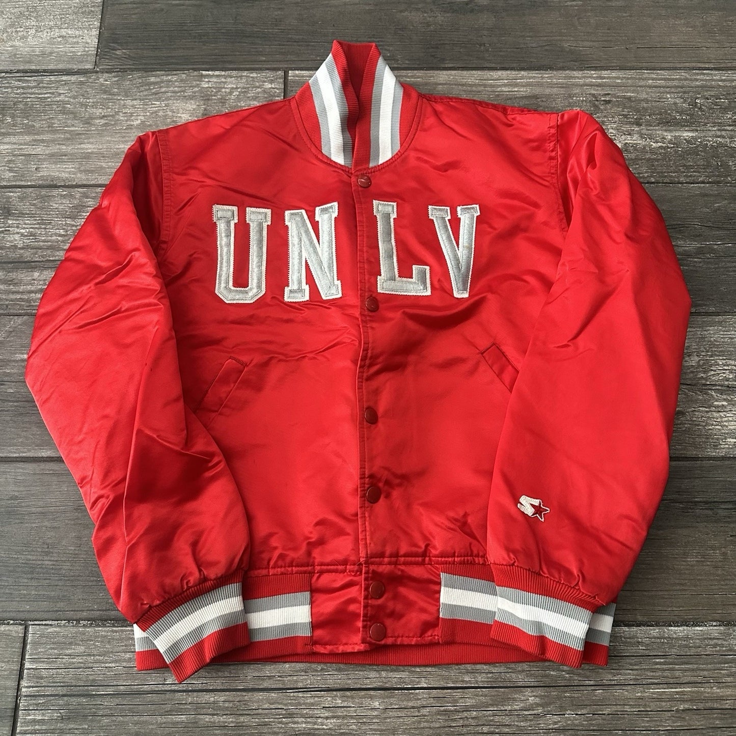 VTG STARTER UNLV RUNNIN REBELS SATIN BOMBER JACKER RED SILVER BUTTON UP SZ S Yesterday's Fits Clothing Fashion Vintage Streetwear Fashion Item