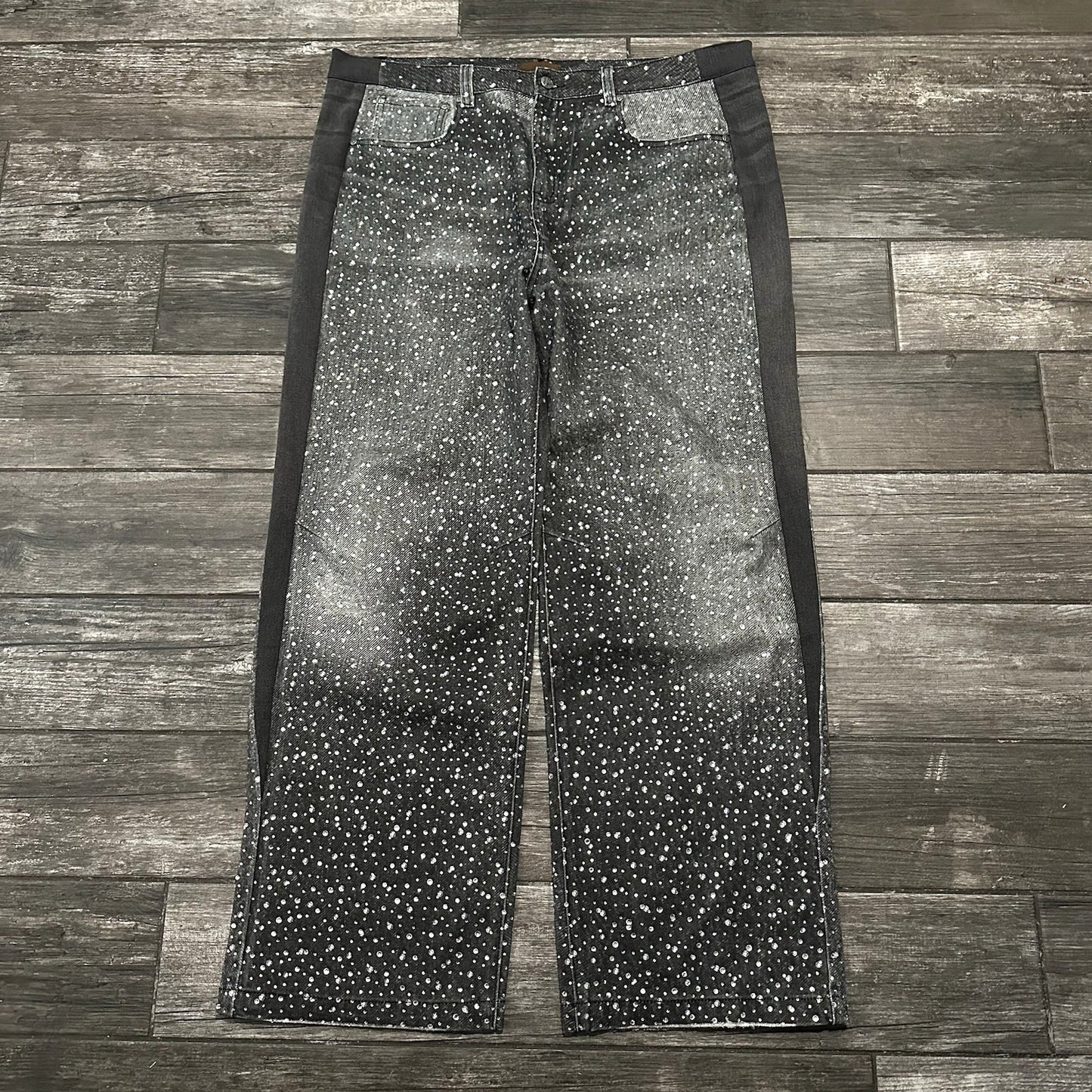 BIRTH OF ROYAL CHILD RHINESTONE FADED BLACK AOP JEANS PANTS CUSTOM BAGGY 42X32 Yesterday's Fits Clothing Fashion Vintage Streetwear Fashion Item