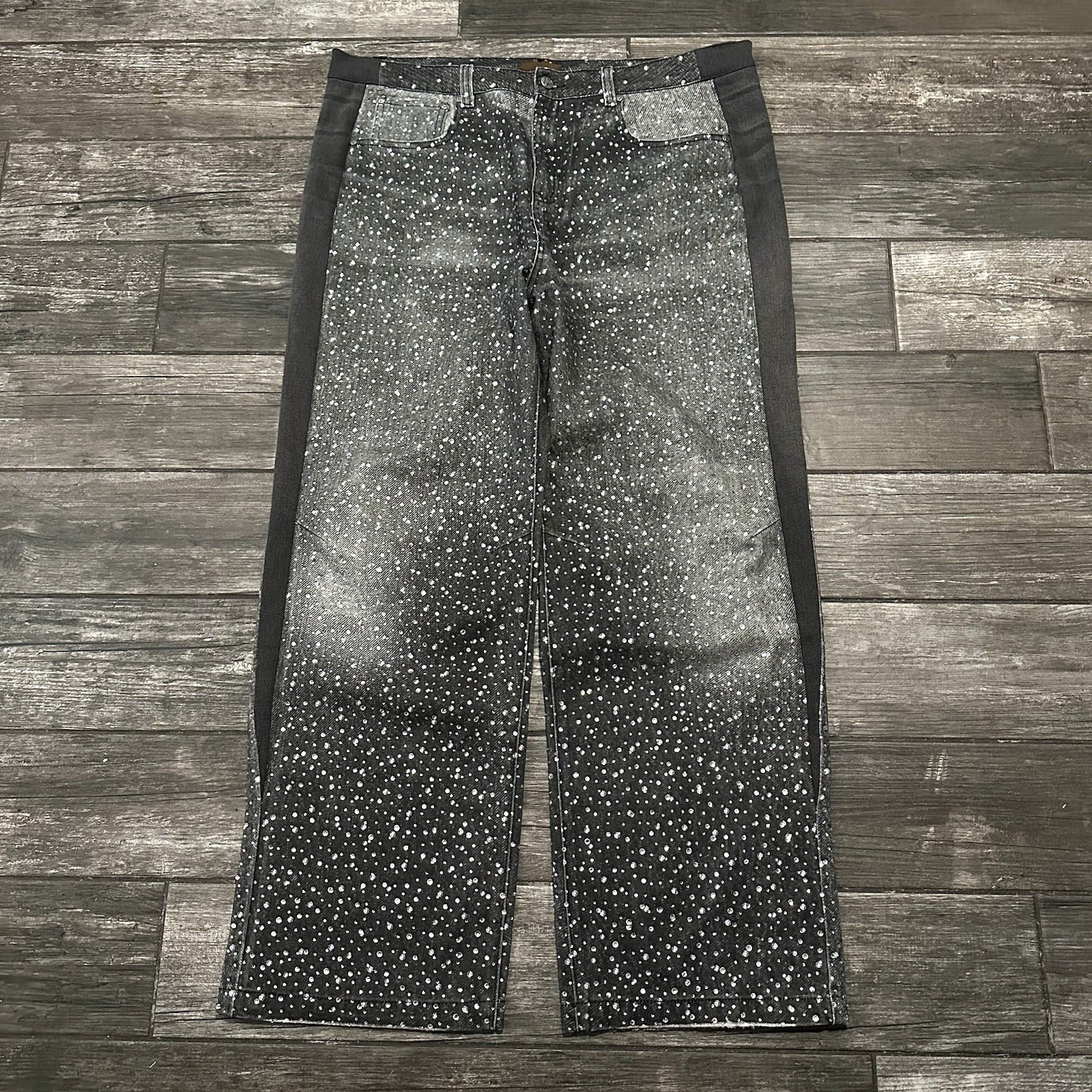 BIRTH OF ROYAL CHILD RHINESTONE FADED BLACK AOP JEANS PANTS CUSTOM BAGGY 42X32 Yesterday's Fits Clothing Fashion Vintage Streetwear Fashion Item