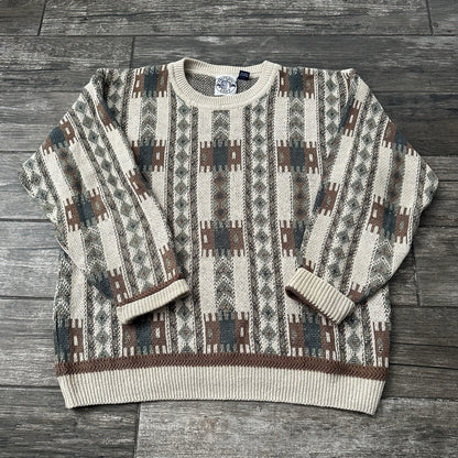 VTG 90s SALTY DOG GANT KNIT TEXTURED SWEATER BEIGE GREEN AZTEC SZ L LINEN BLEND