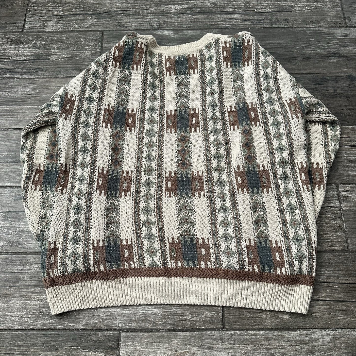 VTG 90s SALTY DOG GANT KNIT TEXTURED SWEATER BEIGE GREEN AZTEC SZ L LINEN BLEND