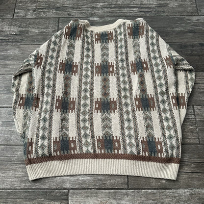 VTG 90s SALTY DOG GANT KNIT TEXTURED SWEATER BEIGE GREEN AZTEC SZ L LINEN BLEND