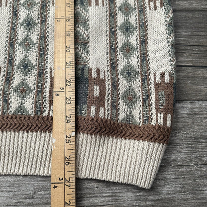 VTG 90s SALTY DOG GANT KNIT TEXTURED SWEATER BEIGE GREEN AZTEC SZ L LINEN BLEND
