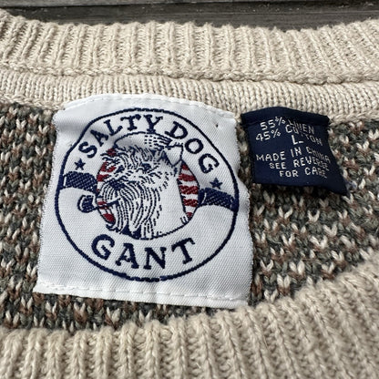 VTG 90s SALTY DOG GANT KNIT TEXTURED SWEATER BEIGE GREEN AZTEC SZ L LINEN BLEND