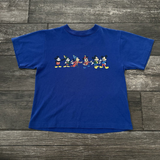 VTG DISNEY MICKEY MOUSE THROUGH THE YEARS BLUE TIMELINE T-SHIRT YOUTH S 6-7 Yesterday's Fits Clothing Fashion Vintage Streetwear Fashion Item