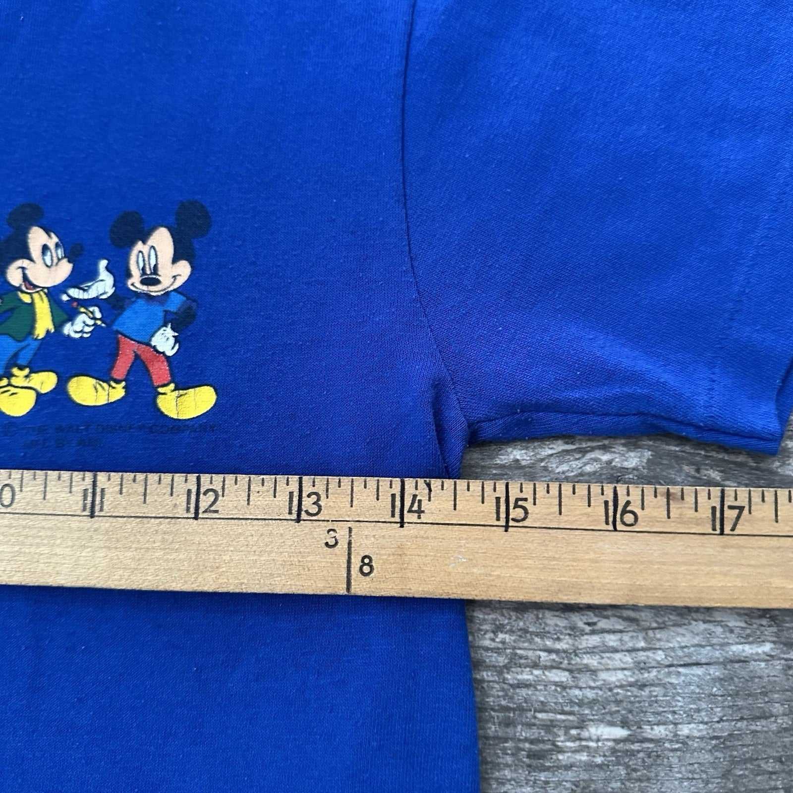 VTG DISNEY MICKEY MOUSE THROUGH THE YEARS BLUE TIMELINE T-SHIRT YOUTH S 6-7 Yesterday's Fits Clothing Fashion Vintage Streetwear Fashion Item