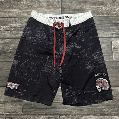 Y2K AFFLICTION AOP BLACK BAGGY BOARD SHORTS MEN’S 32 SWIM TRUNKS NO LINER RED Affliction Clothing Fashion Vintage Streetwear Fashion Item