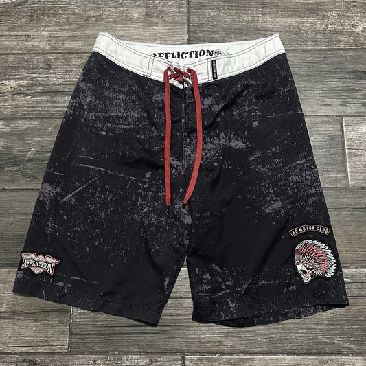Y2K AFFLICTION AOP BLACK BAGGY BOARD SHORTS MEN’S 32 SWIM TRUNKS NO LINER RED Affliction Clothing Fashion Vintage Streetwear Fashion Item